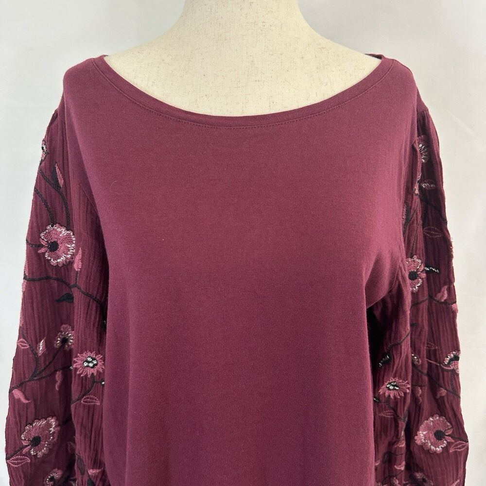 CHICO’S Burgundy Red Embroidered Sleeves Top Size LARGE (2) Womens - Picture 2 of 6